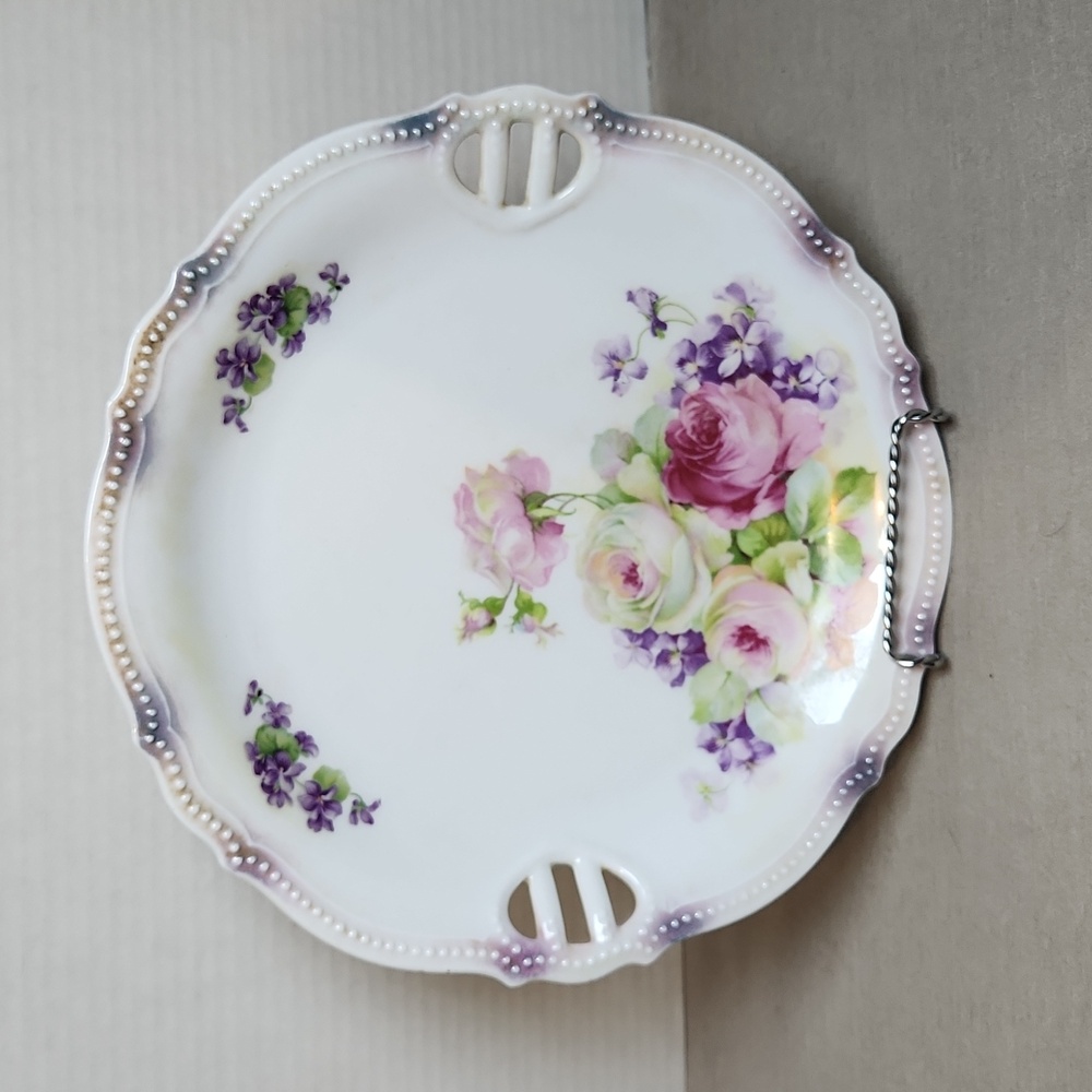 Antique PK Silesia Double Handle Flower Decorative Plate